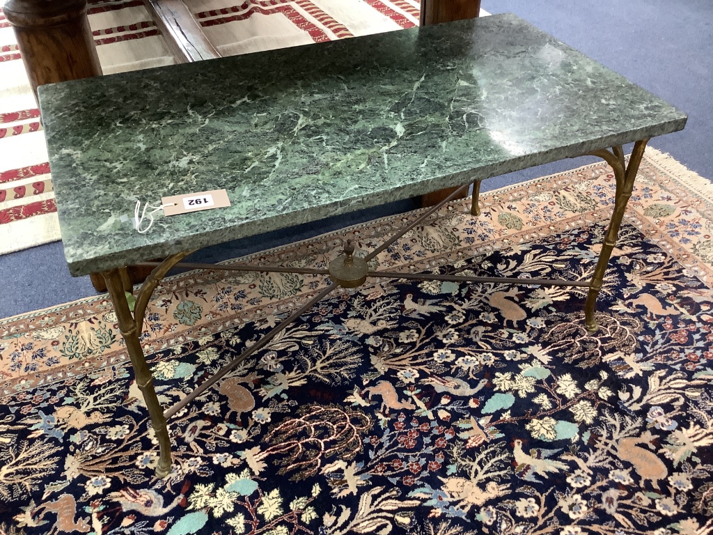 A rectangular brass marble top occasional table, width 80cm, depth 43cm, height 42cm